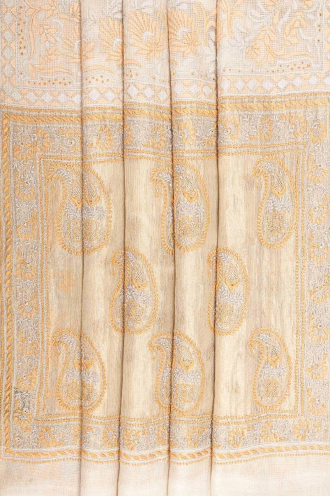 Ada Hand Embroidered Cream Chanderi Lucknowi Chikankari Saree With Blouse A148719