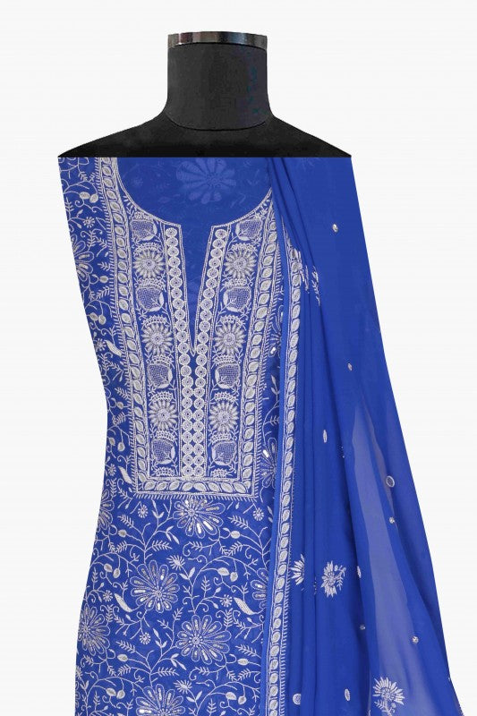 Ada Hand Embroidered Royal Blue Pure Georgette Lucknowi Chikan Unstitched Kurta Dupatta Set With Pearl & Sequinned Work A602319