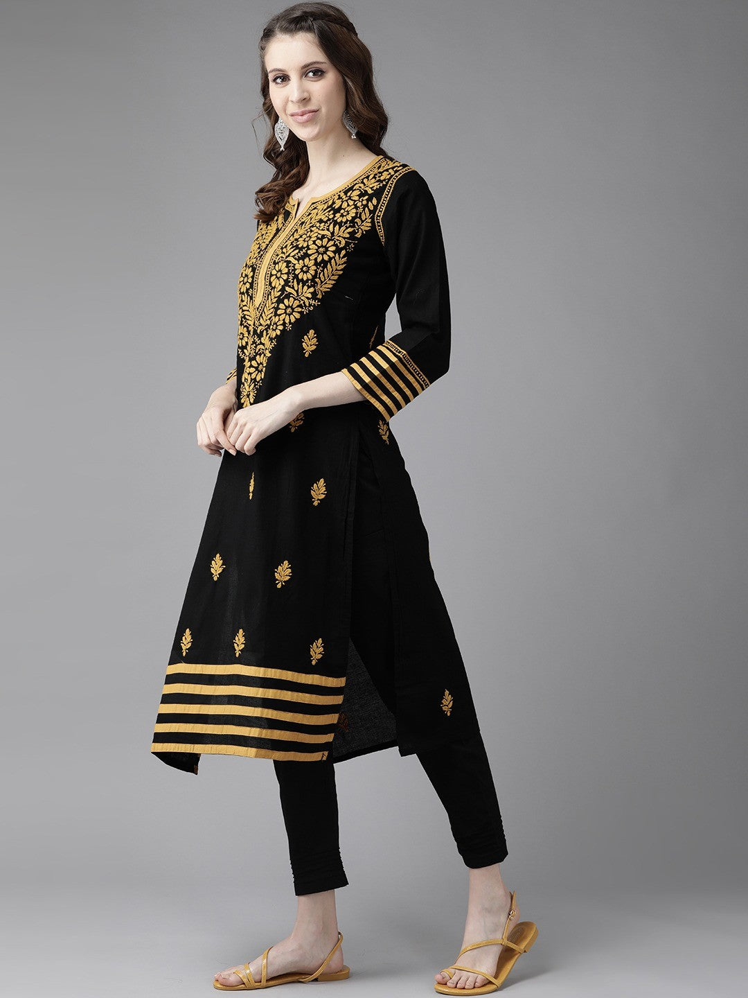 Ada Hand Embroidered Black Cotton Lucknowi Chikankari Straight Kurta Set A811184