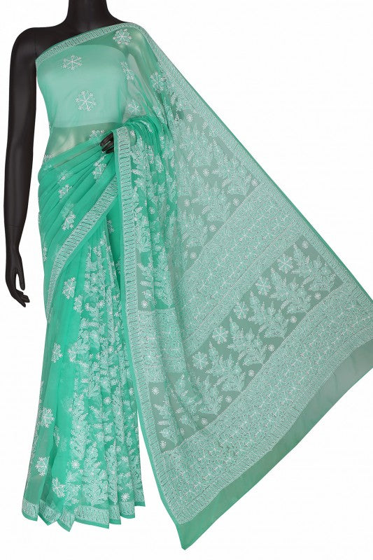 Ada Hand Embroidered Green Georgette Lucknowi Chikankari Saree with Blouse A621564