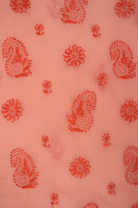 Ada Hand Embroidered Peach Cotton Lucknowi Chikankari Unstitched Suit Piece 01A179344