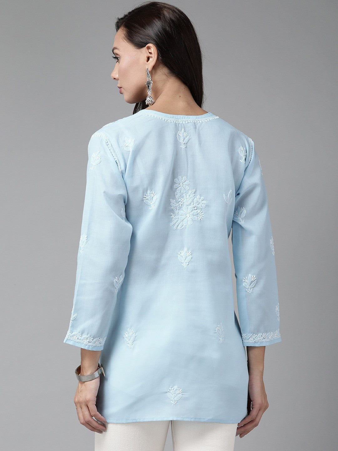 Ada Hand Embroidered Sky Blue Cotton Lucknowi Chikankari Short Kurti A911217