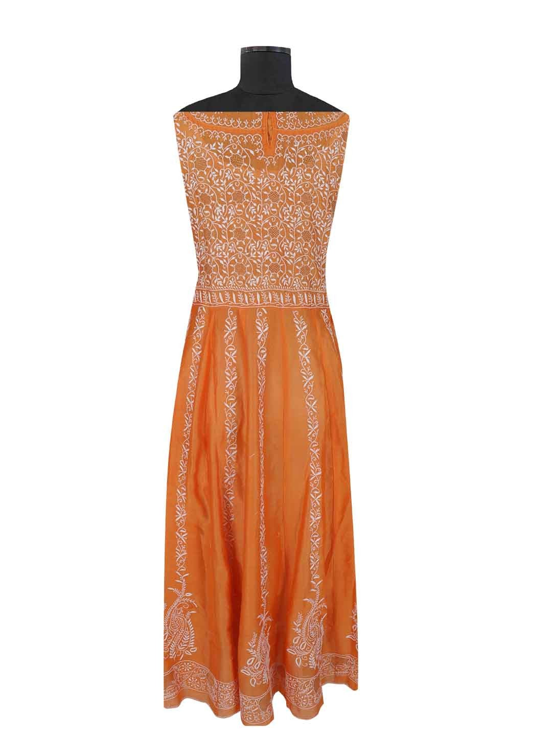 Ada Hand Embroidered Orange Chanderi Lucknowi Chikankari Semi-Stitched Anarkali Kurta Dupatta Set With Zari Work 01A205816