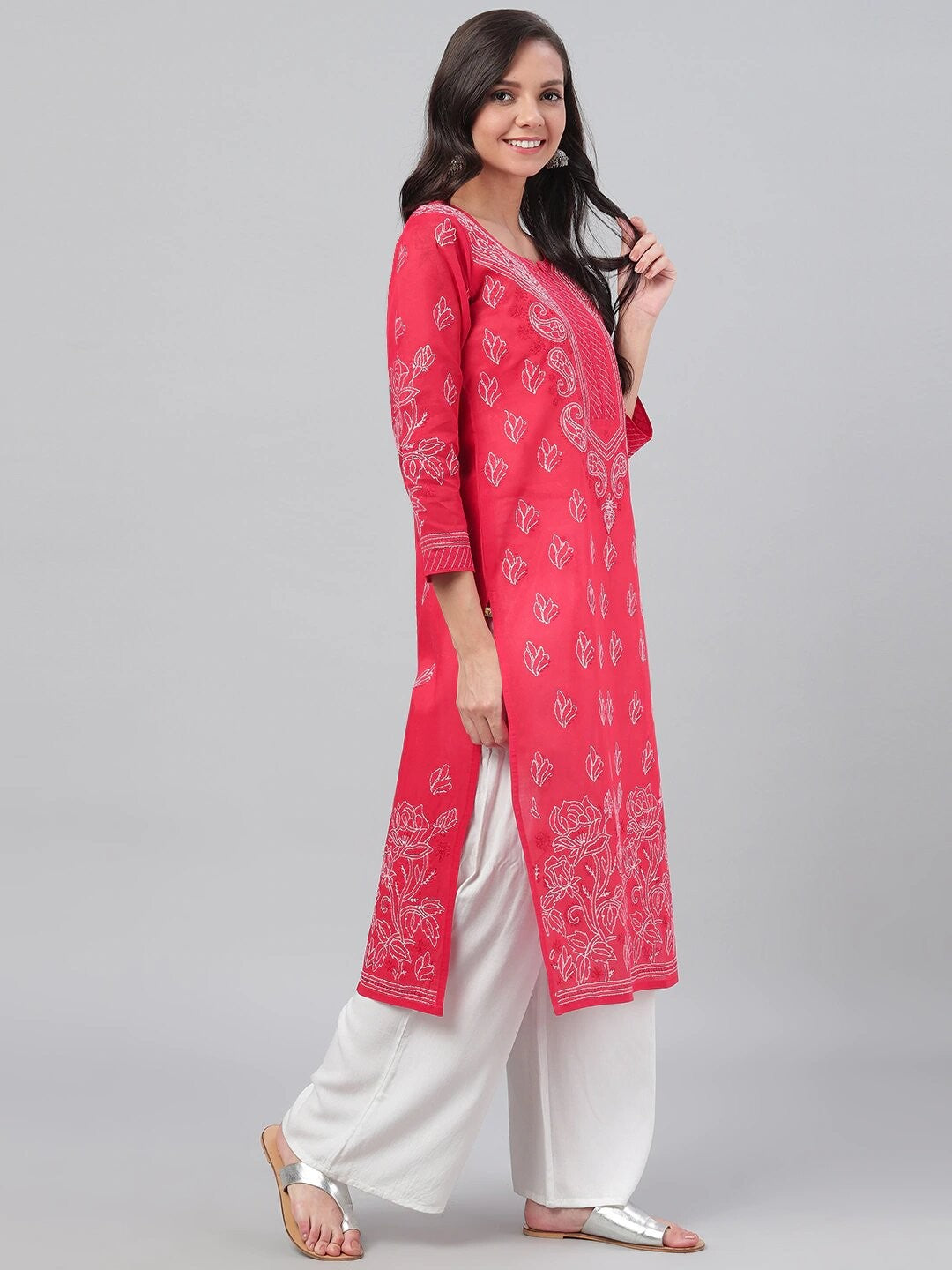 Ada Hand Embroidered Red Cotton Lucknowi Chikankari Straight Kurta A234087