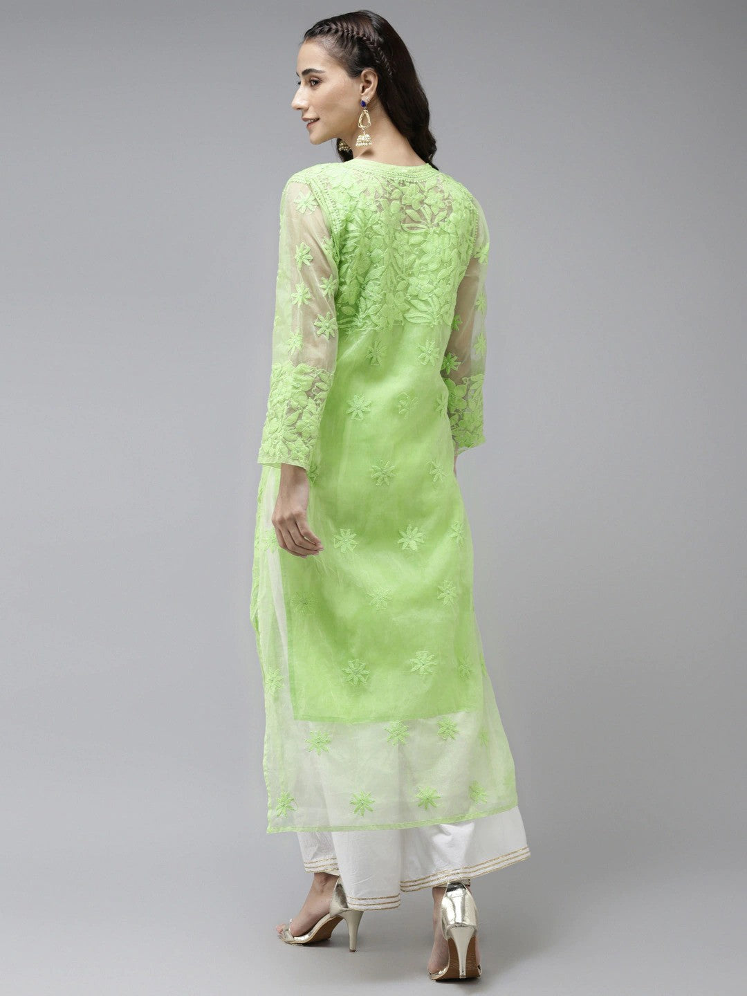 Ada Hand Embroidered Green Organza Lucknowi Chikankari Straight  Kurta With Slip- A411241