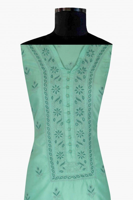 Ada Hand Embroidered Sea Green Silk Lucknowi Chikan Semi-Stitched Kurta Piece A608627