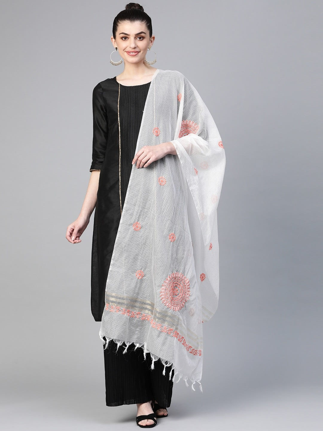 Ada Hand Embroidered White Kota Lucknowi Chikankari Dupatta-A511142