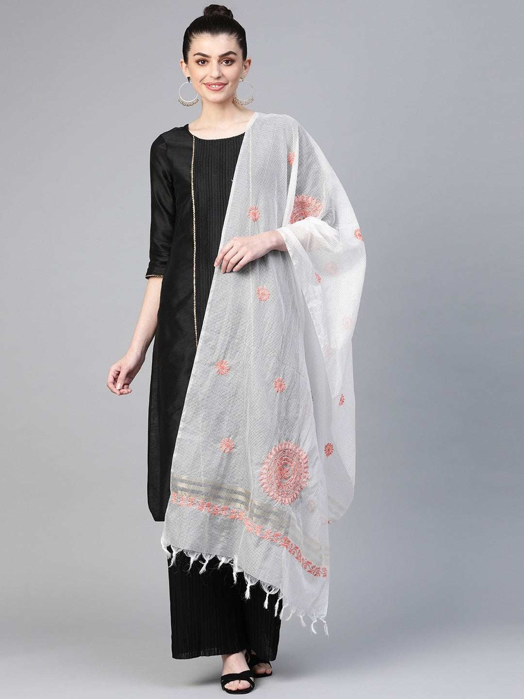 Ada Hand Embroidered White Kota Lucknowi Chikankari Dupatta-A511142