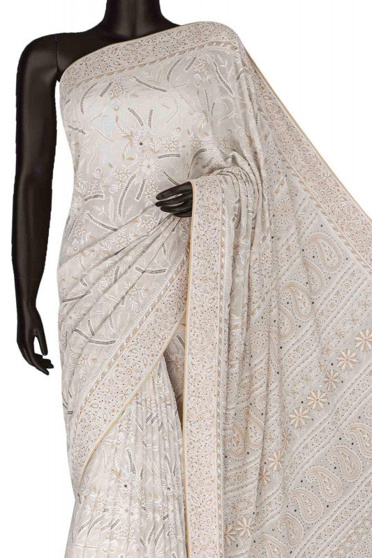 Ada Hand Embroidered Macaroon Cream Pure Georgette Lucknow Chikan Saree/Blouse With Muqaish Work- A61316
