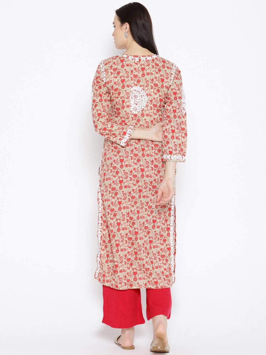 Ada Hand Embroidered Fawn Red Cotton Lucknowi Chikankari Straight Kurta- A100039