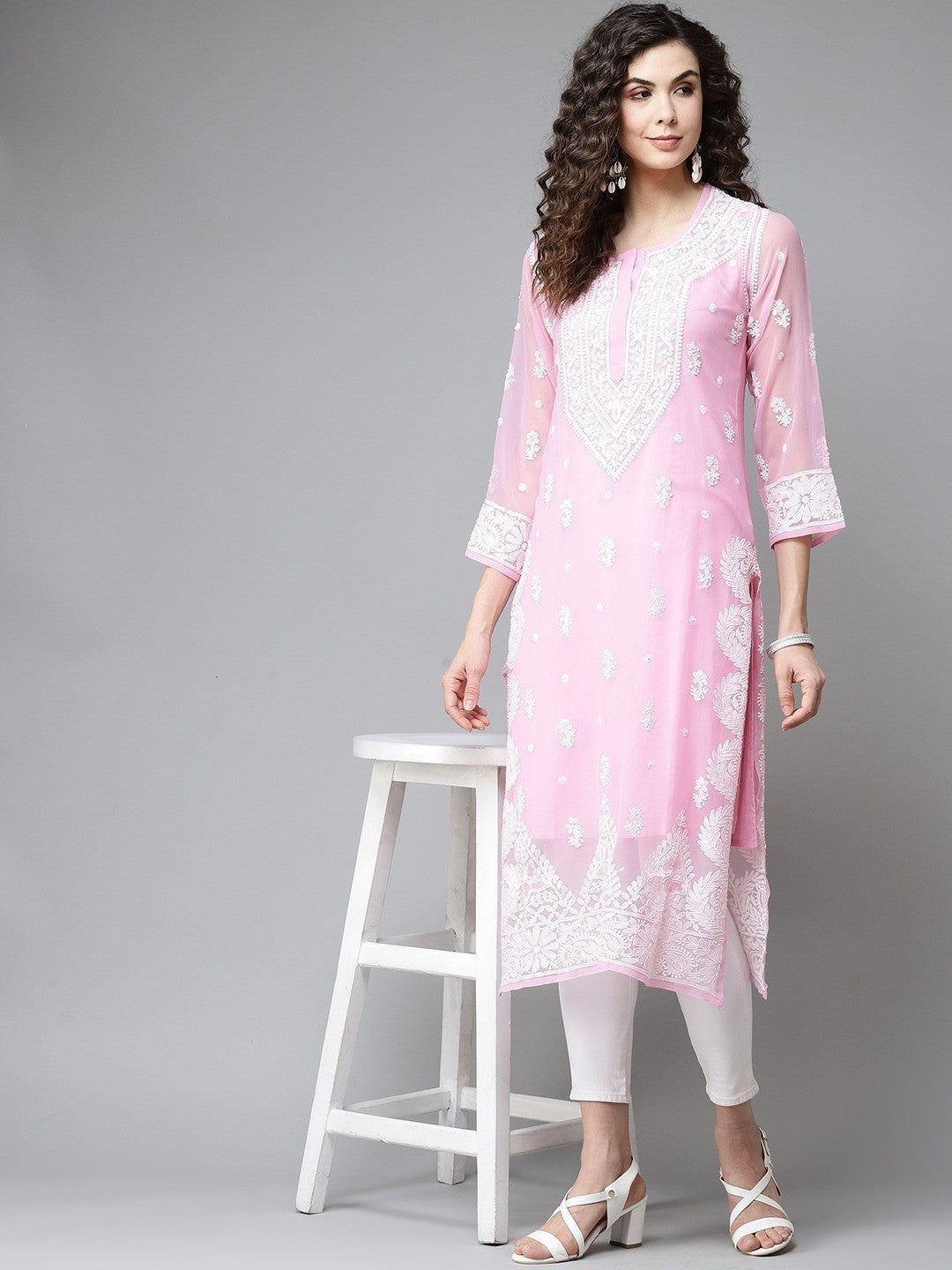 Ada Hand Embroidered Onion Pink Georgette Lucknowi Chikankari Straight Kurta With Slip A411197