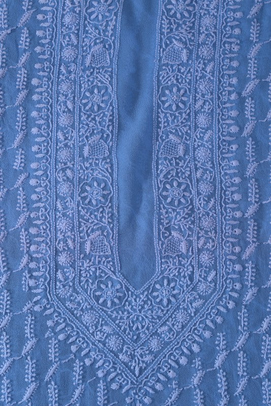 Ada Hand Embroidered Cyan Blue Pure Georgette Lucknow Chikankari Men's Kurta Piece-A111679