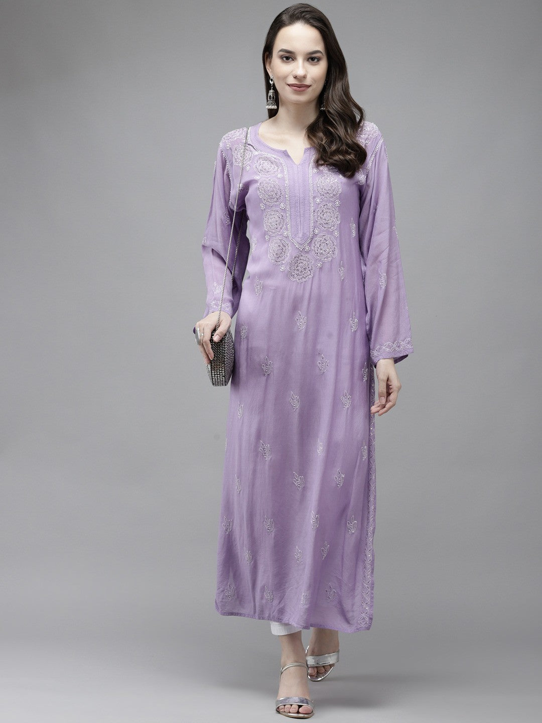 Ada Hand Embroidered Mauve Muslin Lucknowi Chikankari Kurta With Muqaish Work-A411299