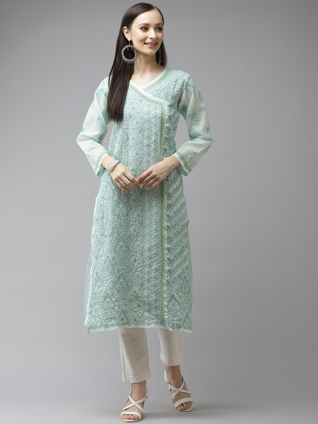 Ada Hand Embroidered Sea Green Cotton Lucknow Chikan Kurta A411319