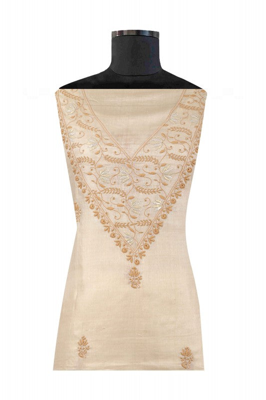 Ada Hand Embroidered Natural Fawn Tussar Silk Lucknowi Chikan Unstitched Kurta Piece A58146