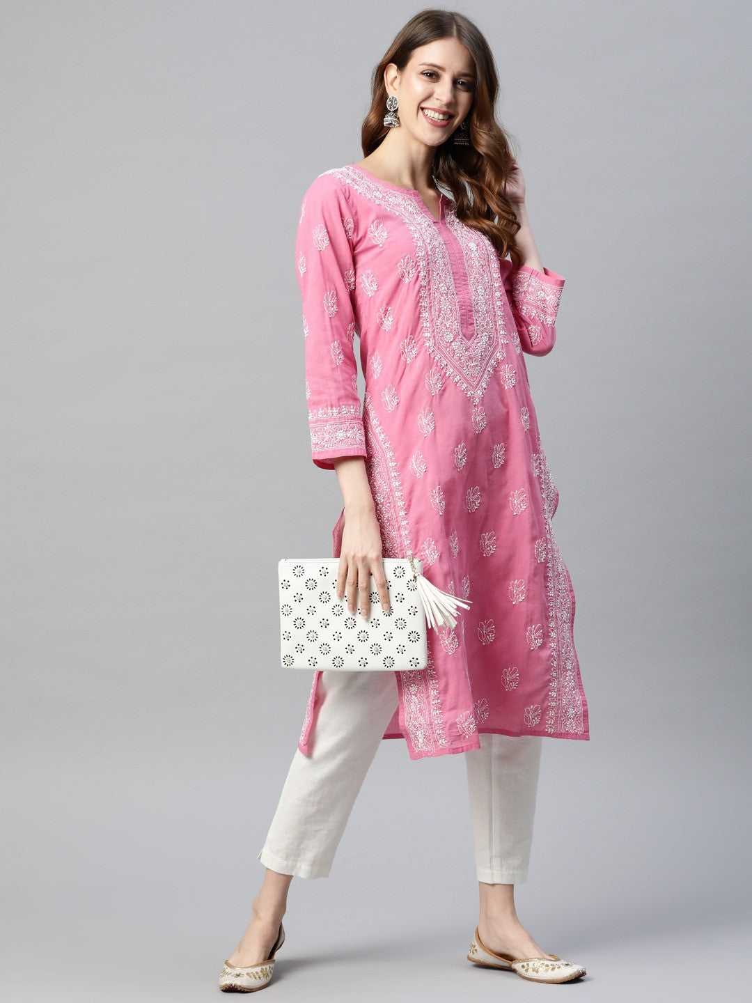 Ada Hand Embroidered Pink Cotton Lucknow Chikan Kurta-A220767