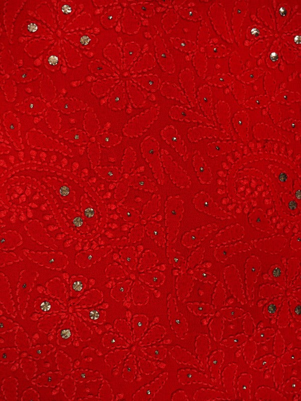 Ada Hand Embroidered Red Georgette Lucknowi Chikankari Unstitched Kurta Piece with Muqaish Work A511732