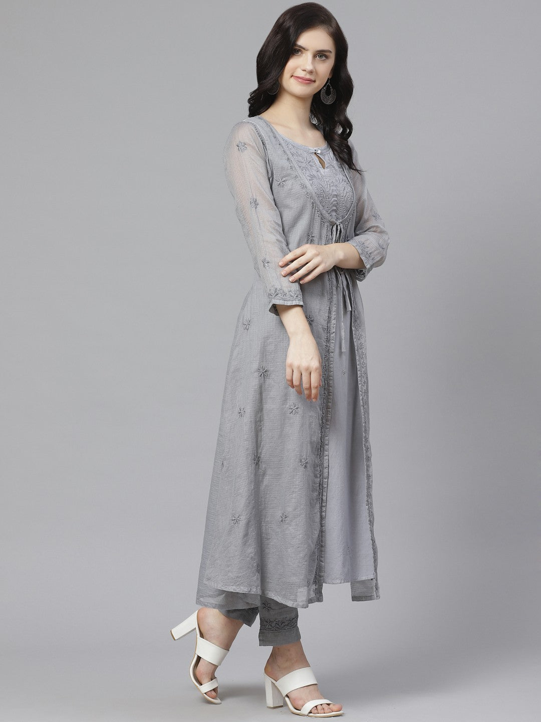Ada Hand Embroidered Grey Kota Lucknowi Chikankari Kurta with Trouser Set A100551