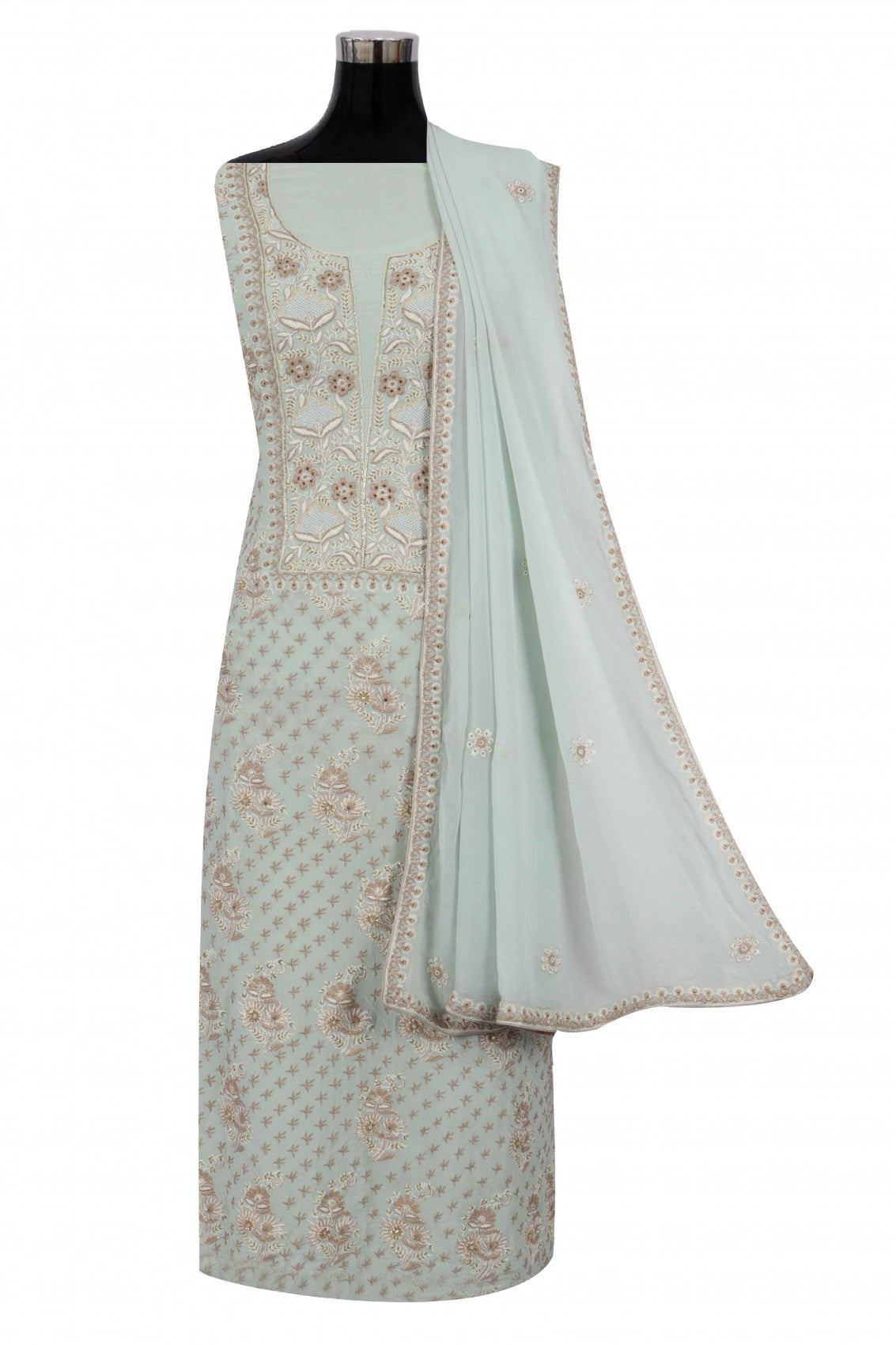 Ada Hand Embroidered Pastel Grey Pure Georgette Lucknowi Chikankari Unstitched Suit Piece With Cutdana Work A178232