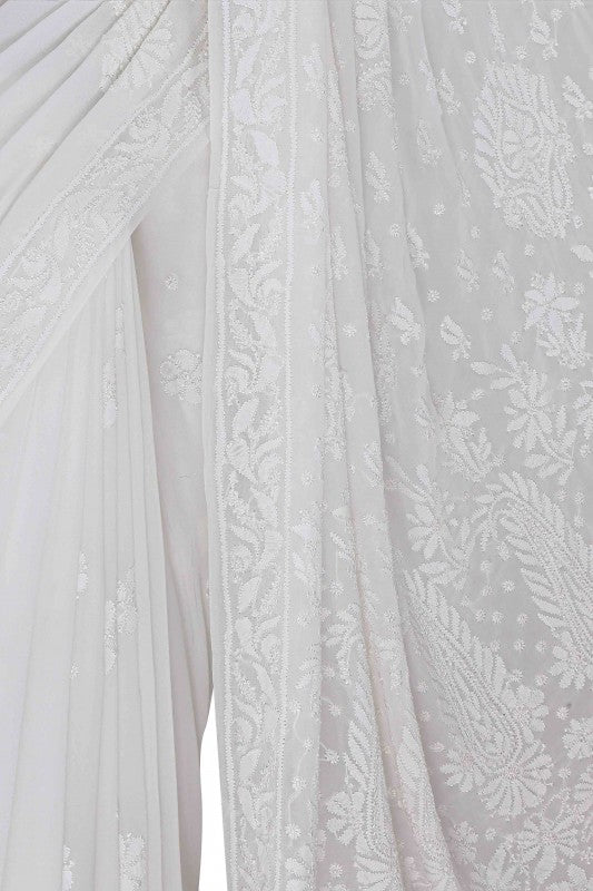 Ada Hand Embroidered White Georgette Lucknowi Chikankari Saree with Blouse A610321