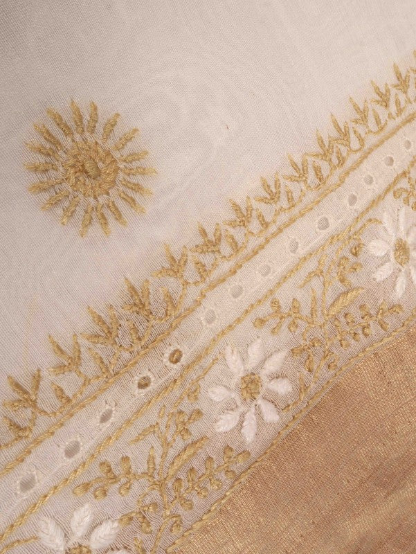 Ada Hand Embroidered Cream Chanderi Lucknowi Chikankari Saree With Blouse A606182