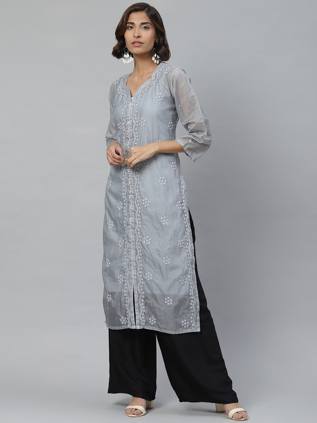 Ada Hand Embroidered Grey Kota Lucknowi Chikan Straight Kurta/Slip with Muqaish Work A411125