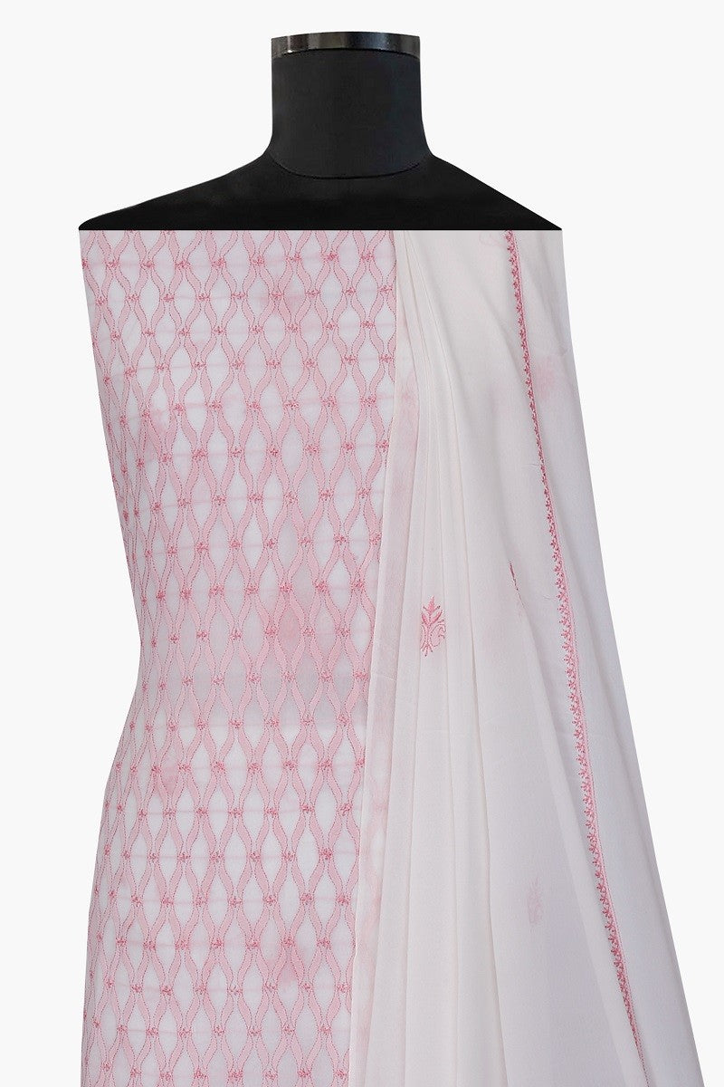 Ada Hand Embroidered White Pure Georgette Lucknowi Chikan Unstitched Kurta Dupatta Set A457085