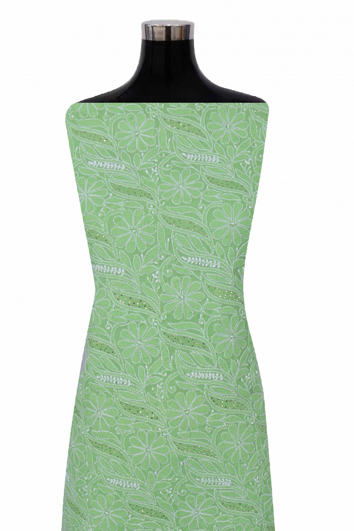 Ada Hand Embroidered Green Cotton Lucknowi Chikankari Unstitched Suit Piece With Muqaish Work 01A91019
