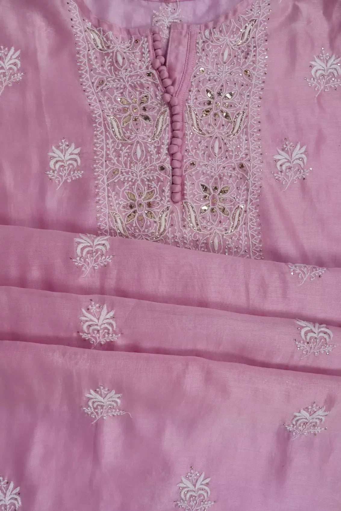 Ada Hand Embroidered Pink Chanderi Lucknowi Chikankari Unstitched Kurta Dupatta Set With Muqaish Work 01A216286