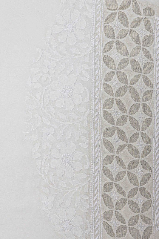 Ada Hand Embroidered Dove White Pure Georgette Lucknowi Chikankari Saree with Blouse A585834
