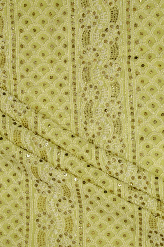 Ada Hand Embroidered Lime Green Pure Georgette Lucknowi Chikan Unstitched Kurta-Dupatta set With Muqaish Work–A532931