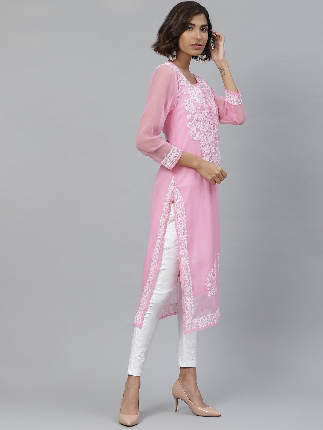 Ada Hand Embroidered Pink And White Georgette Lucknowi Chikankari Kurta Set With Slip A811114