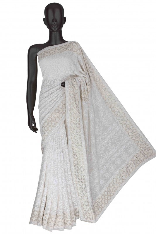 Ada Hand Embroidered Dove White Pure Georgette Lucknowi Chikankari Saree with Blouse A585834