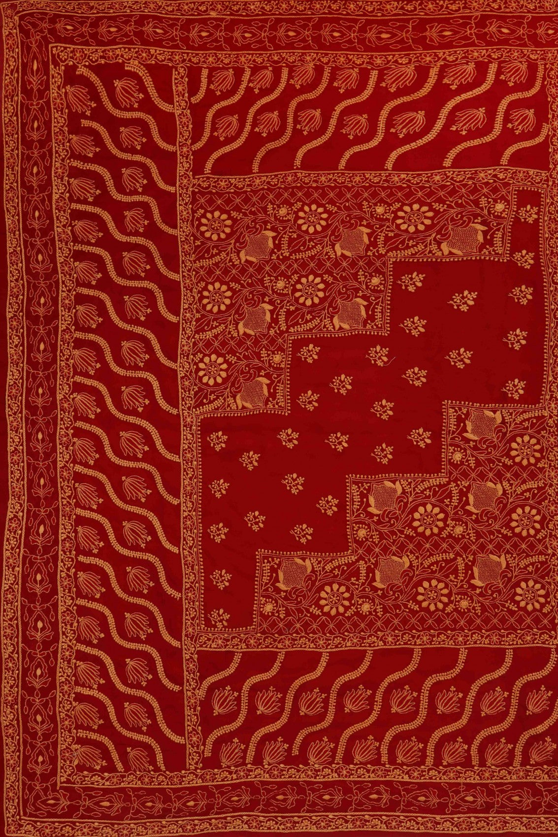Ada Hand Embroidered Rust and Red Ombre Shade Pure Georgette Lucknowi Chikankari Saree With Blouse 01A224311