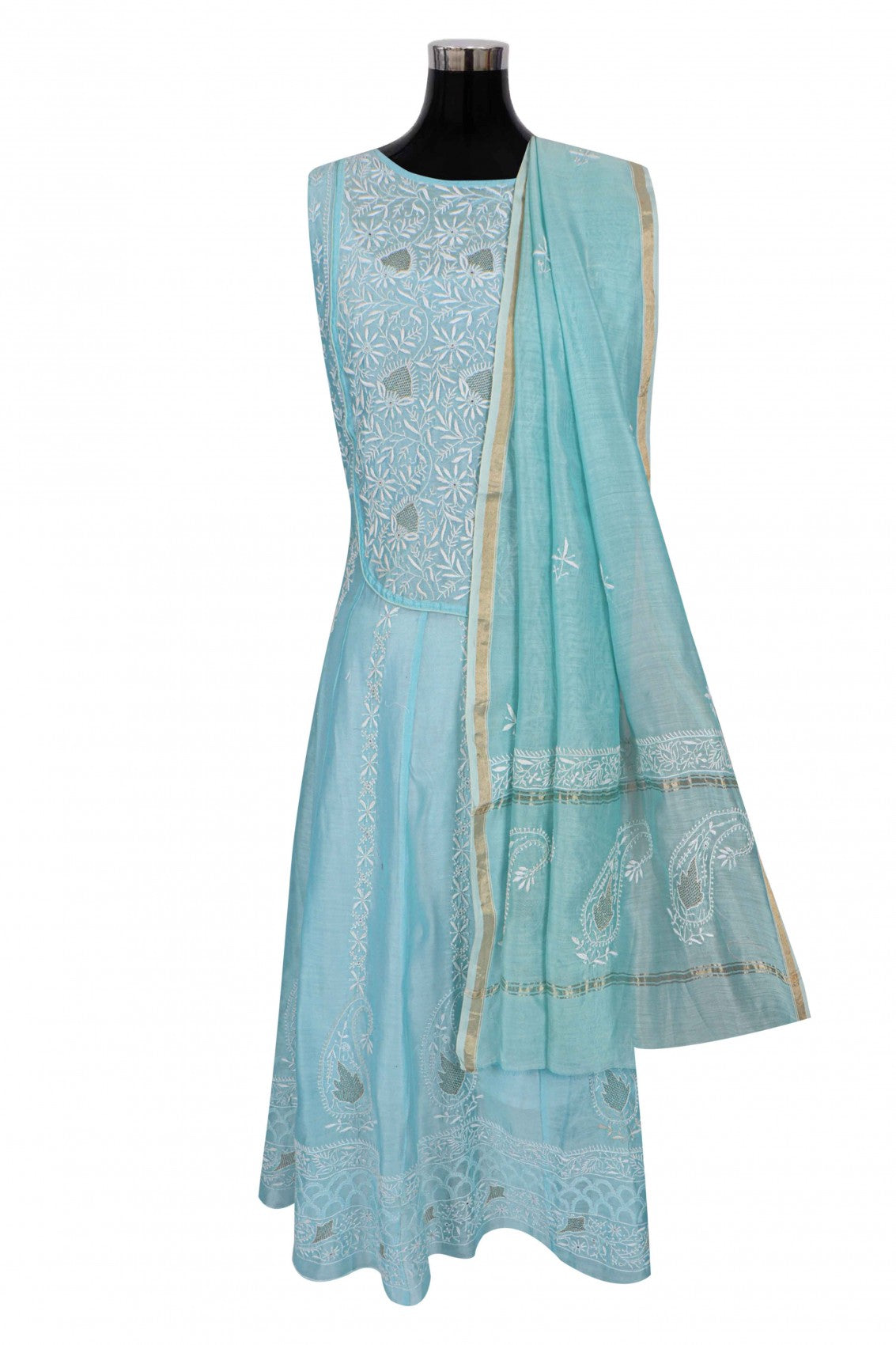 Ada Hand Embroidered Sky Blue Chanderi Lucknowi Chikankari Semi-Stitched Anarkali Kurta Dupatta Set With Zari Work 01A205817