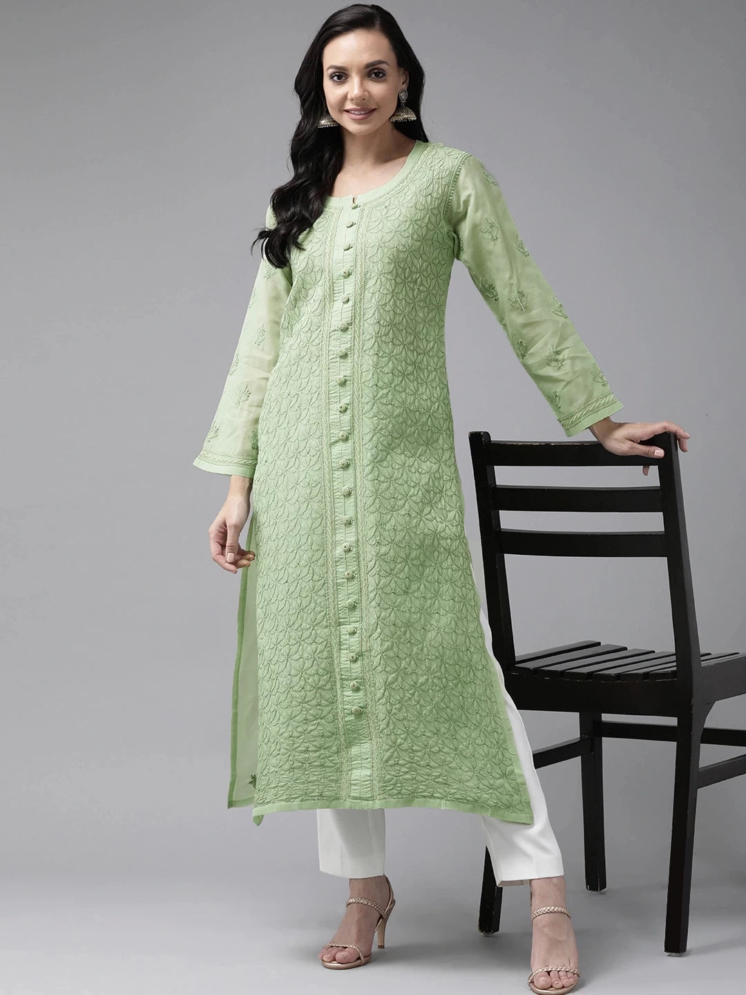 Ada Hand Embroidered Green Cotton Lucknowi Chikankari Straight Kurta A411246