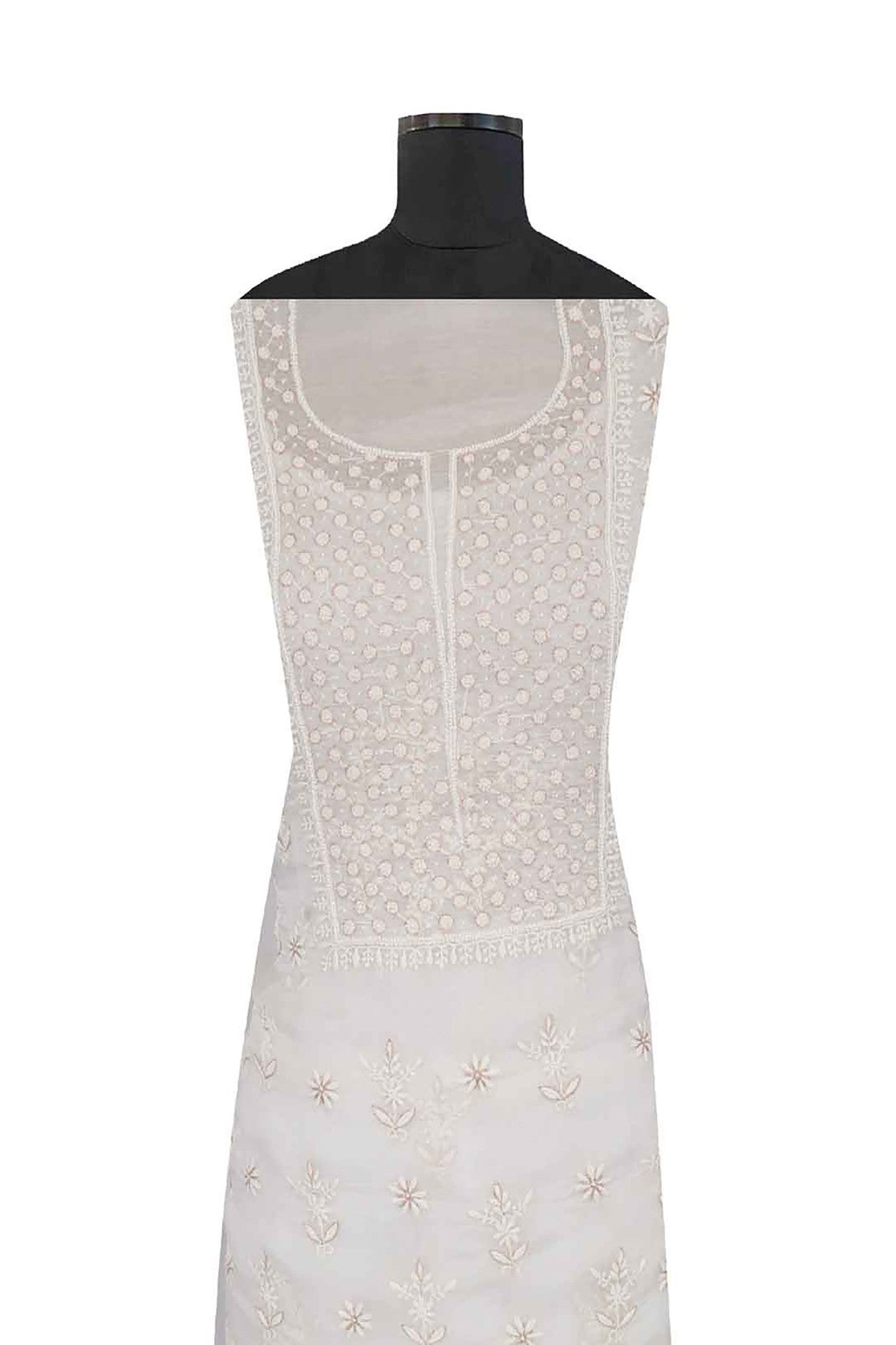 Ada Hand Embroidered White Organza Lucknowi Chikankari Unstitched Kurta Piece With Pearl Work A614805