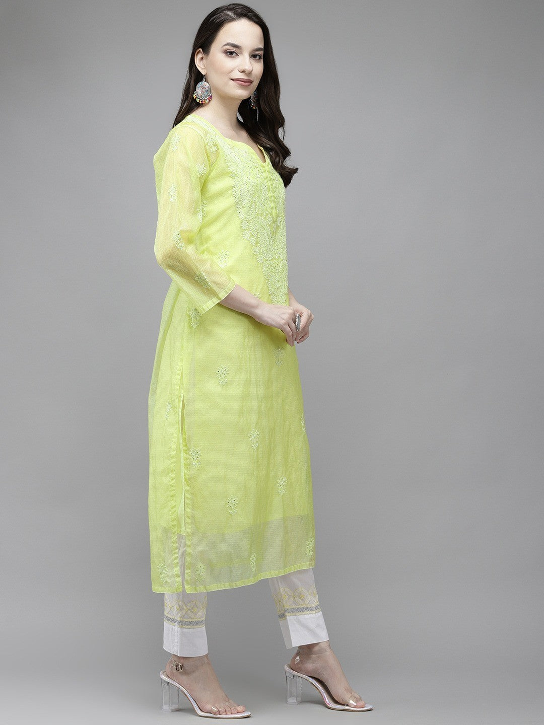 Ada Hand Embroidered Green  Kota Lucknow Chikankari Kurta/Slip With Muqaish Work-A411292