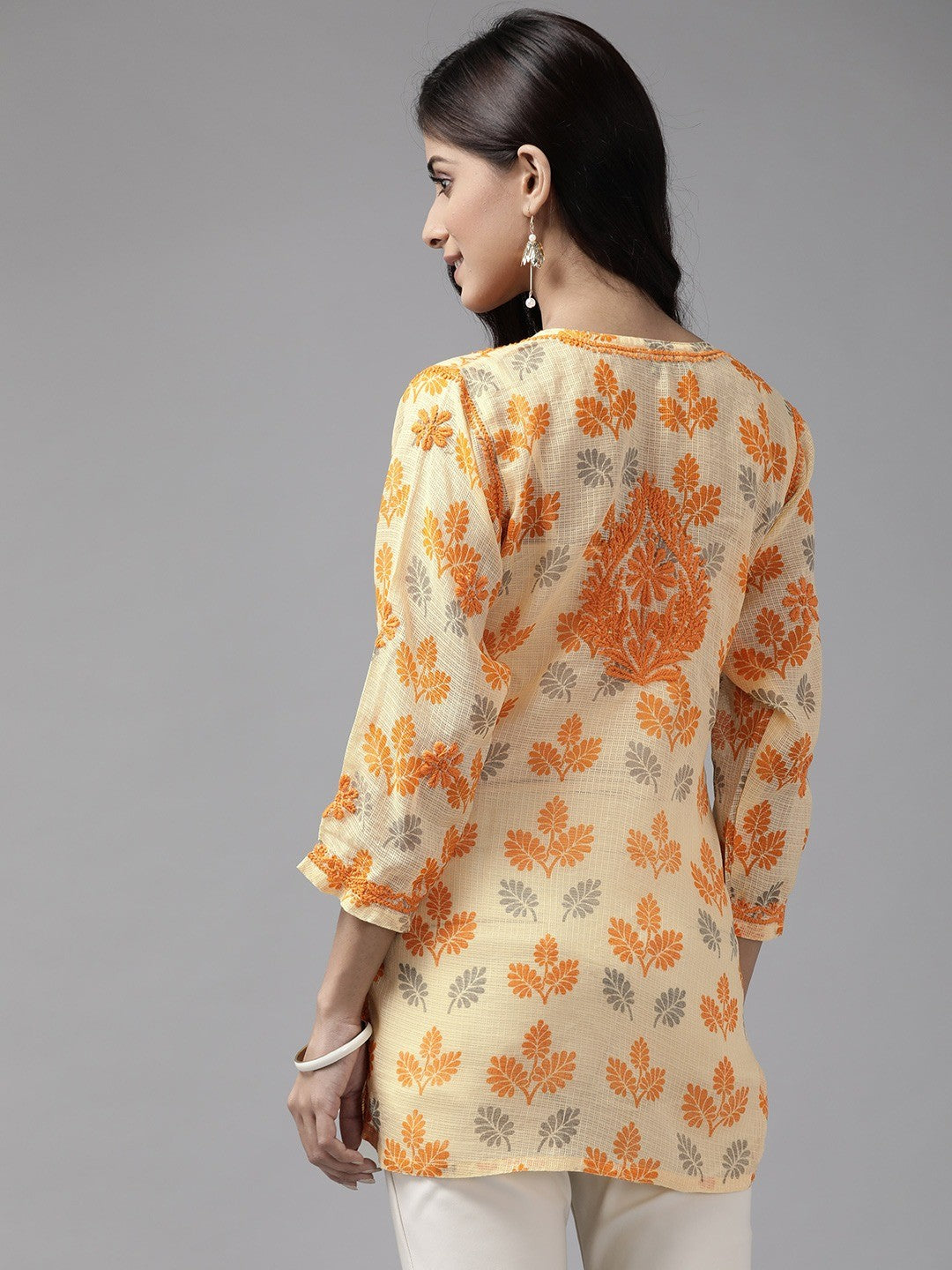 ADA Hand Embroidered Lemon Kota Lucknowi Chikankari Short Kurti A911143