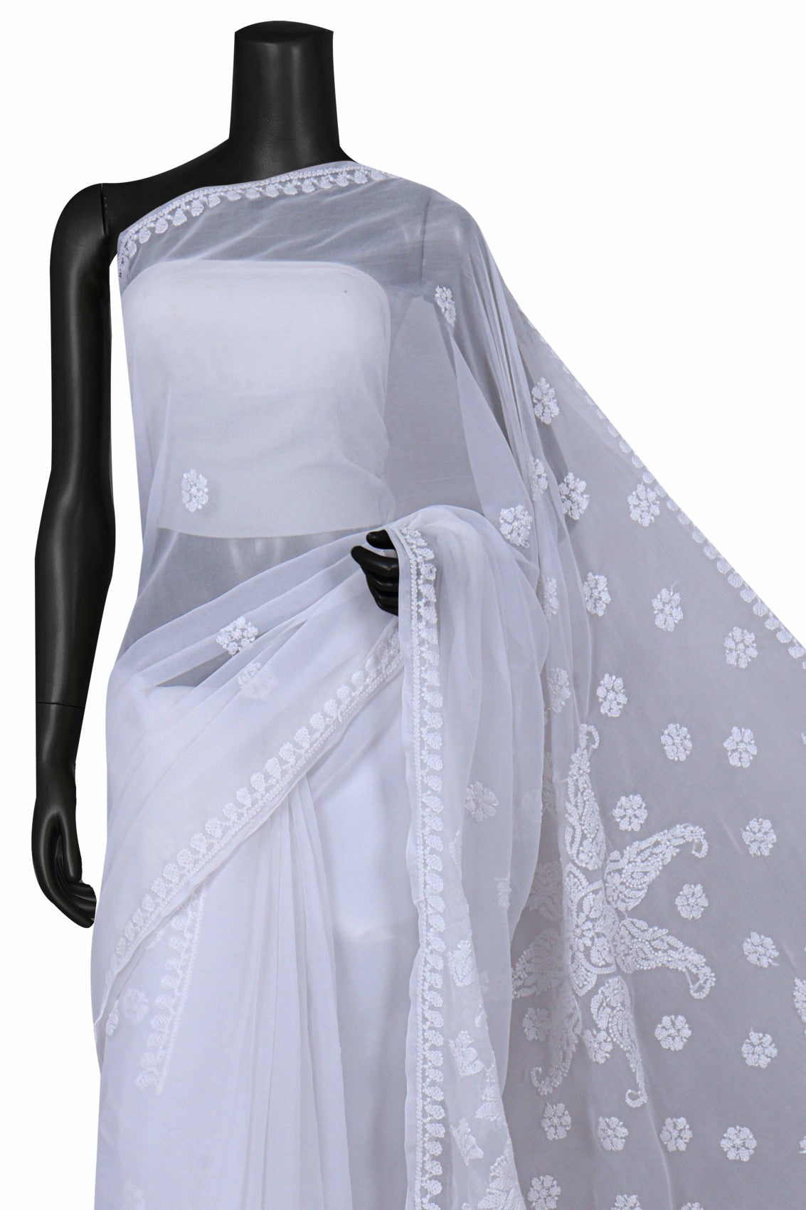 Ada Hand Embroidered White Georgette Lucknowi Chikankari Saree With Blouse A556967