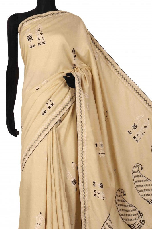 Ada Hand Embroidered Fawn Moonga Silk Lucknowi Chikankari Saree With Blouse A501815