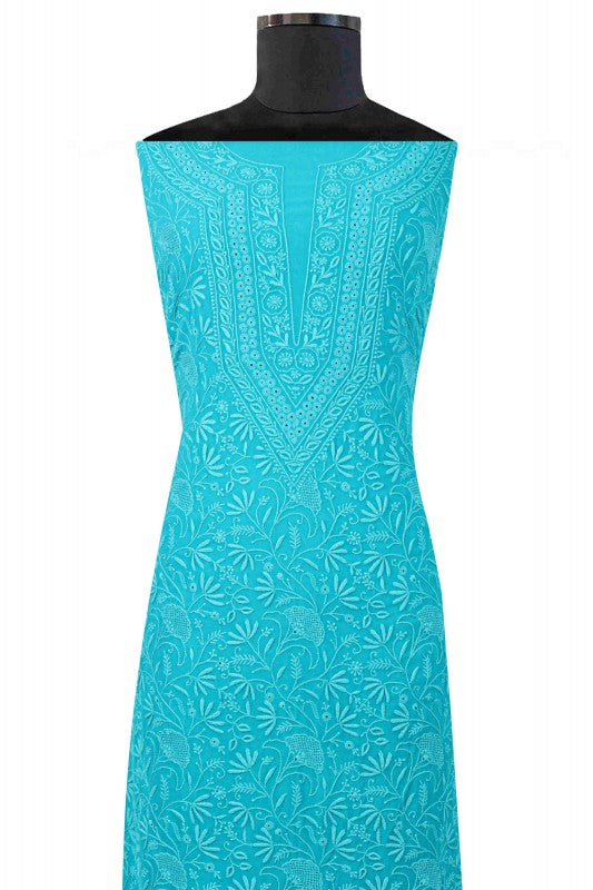 Ada Hand Embroidered Blue Pure Georgette Lucknowi Chikan Unstitched Kurta Dupatta Set A595017