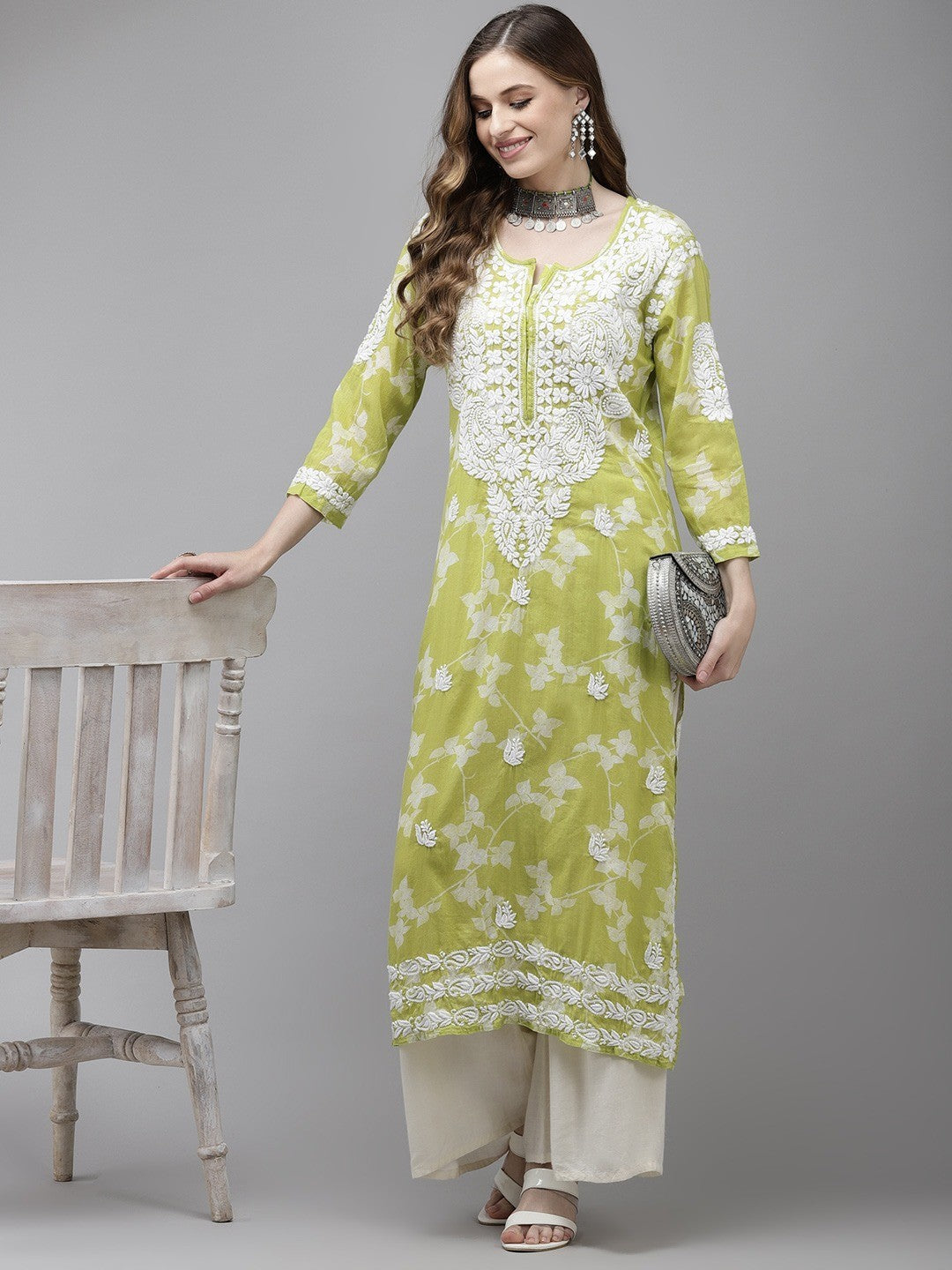 Ada Hand Embroidered Green Cotton Lucknow Chikan Kurta A411352