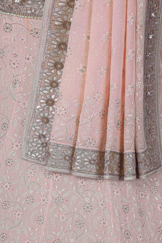 Ada Hand Embroidered Cameo Pink/Cream Pure Georgette Lucknowi Chikankari Lehenga Set With Gota patti Work– A574997