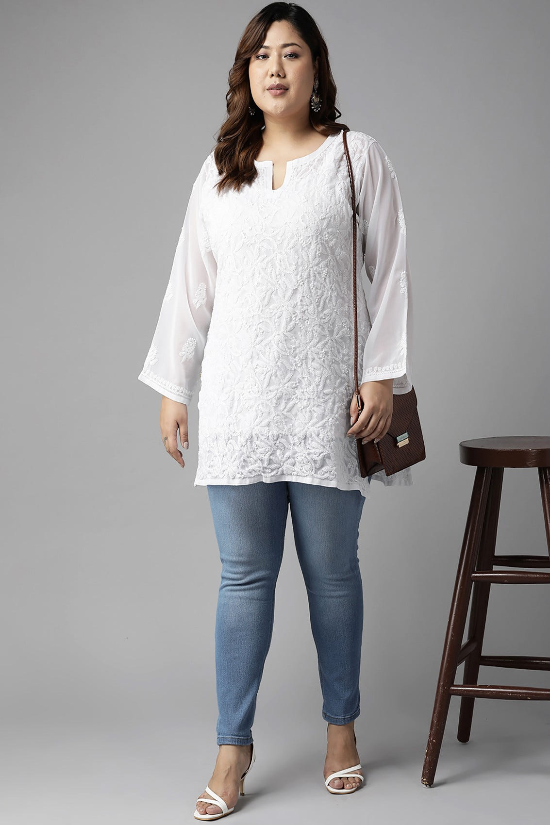 Ada Hand Embroidered White Georgette Lucknowi Chikankari Straight Kurti A911234