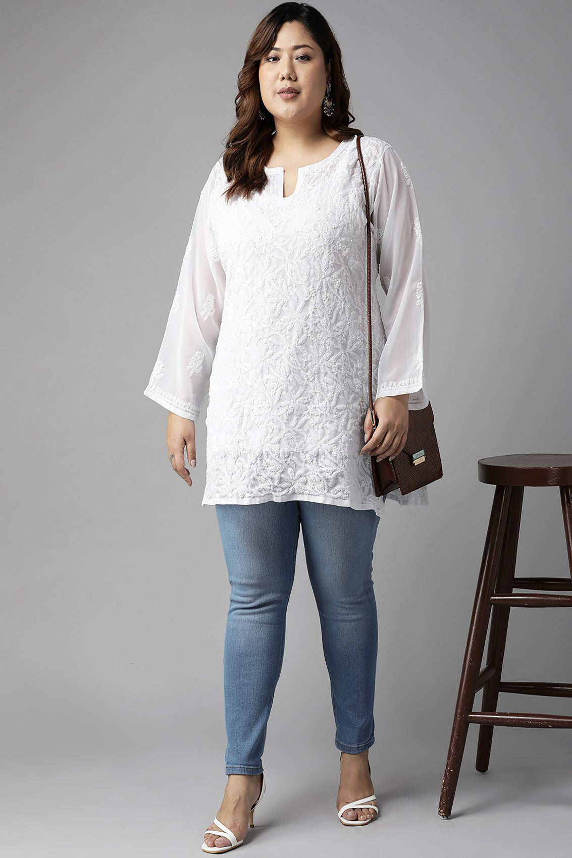 Ada Hand Embroidered White Georgette Lucknowi Chikankari Straight Kurti A911234