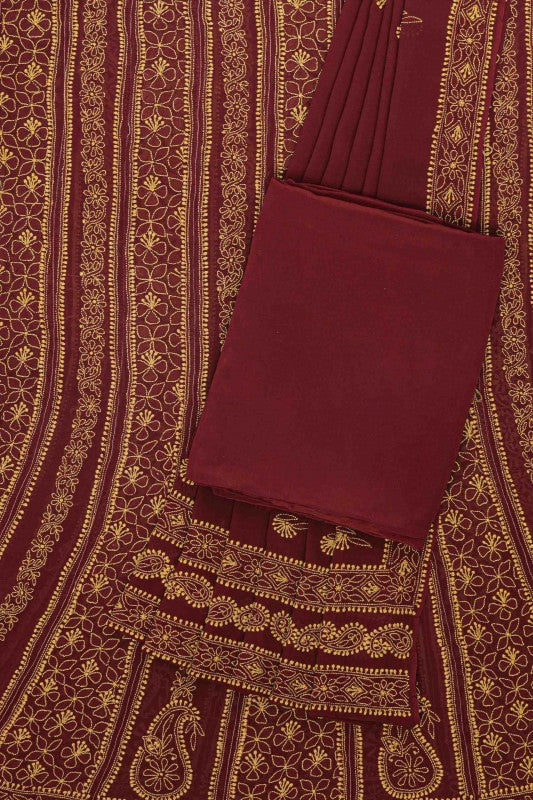 Ada Hand Embroidered Maroon Pure Georgette Lucknowi Chikankari Semi-Stitched Anarkali Set 01A8518