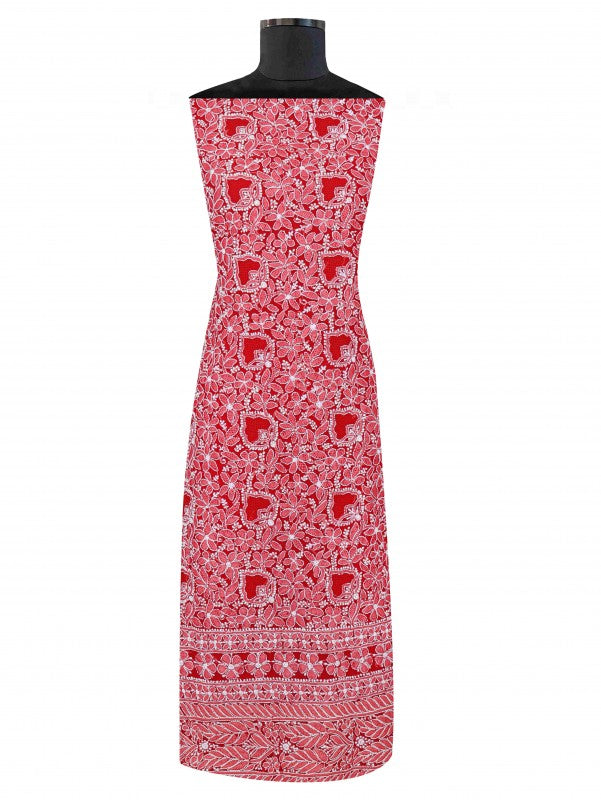 Ada Hand Embroidered Red Georgette Lucknowi Chikan Unstitched Suit Piece A491155