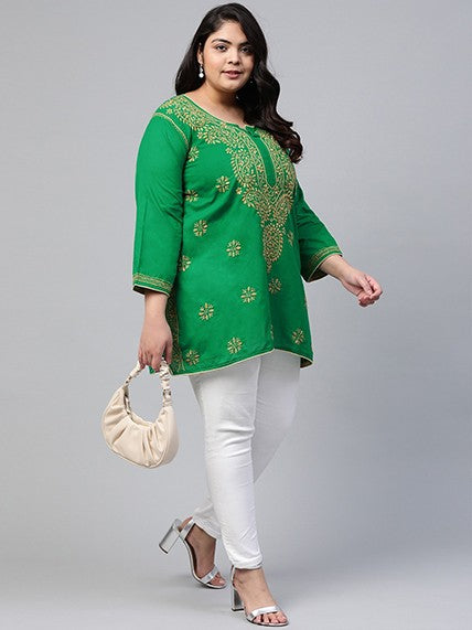 Ada Hand Embroidered Green Cotton Lucknowi Chikankari Straight Kurti A250627