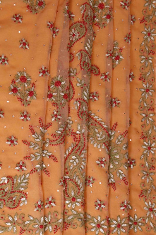 Ada Hand Embroidered Peach Georgette Lucknowi Chikankari Saree/Blouse With Gota Patti Work A183369